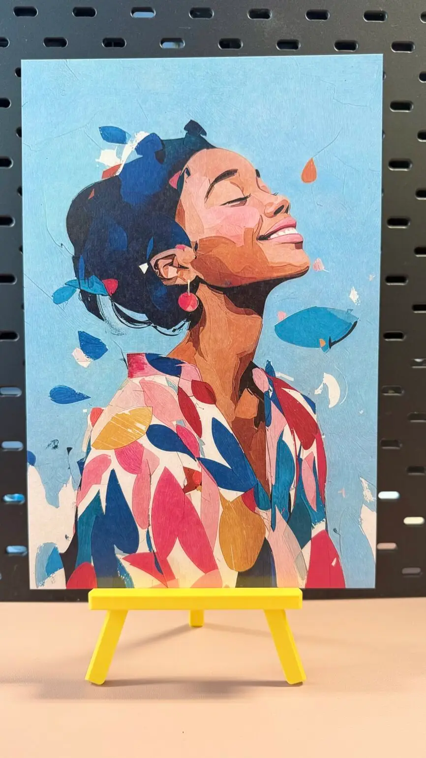 Breathe contemporary portrait fine art print featuring a smiling woman surrounded by colourful abstract brushstrokes against a soft blue background