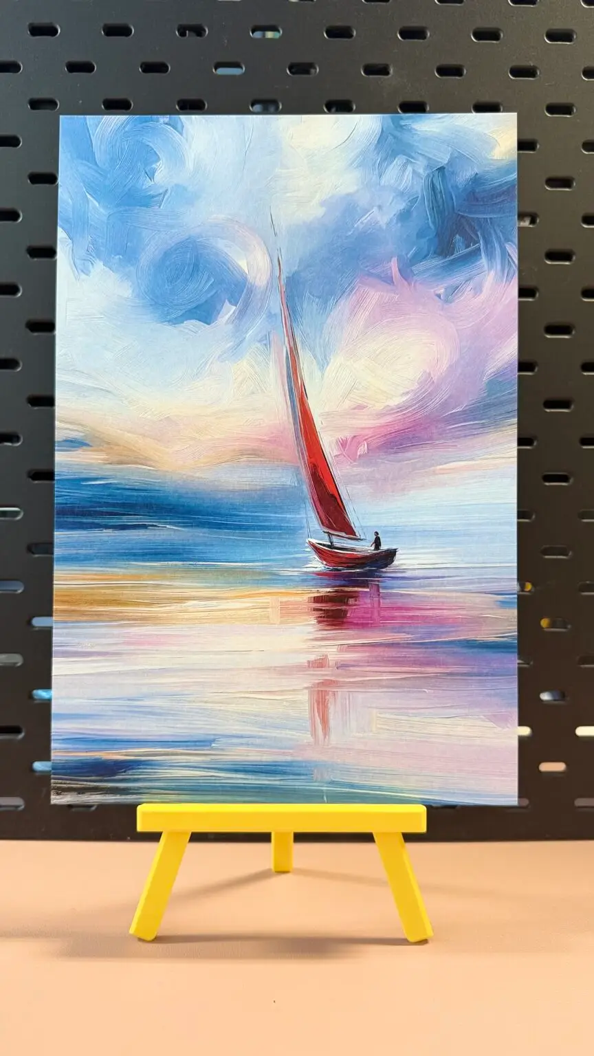 Crimson Horizon contemporary fine art print featuring a solitary sailing boat with a red sail reflected on calm water beneath a colourful pastel sky