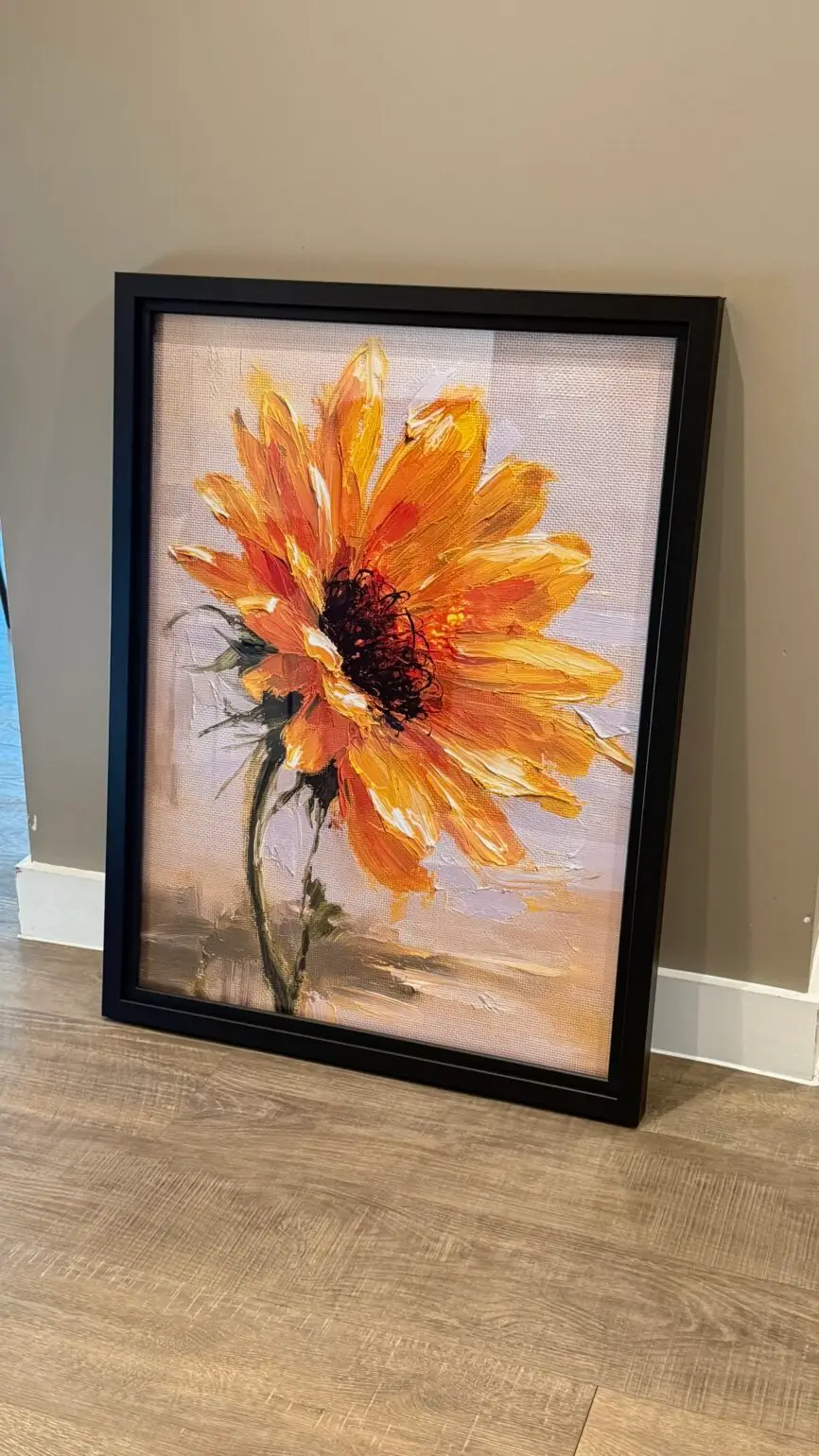 Golden Sunflower original framed artwork featuring an expressive yellow sunflower with textured brushstrokes by artist Chris Berry