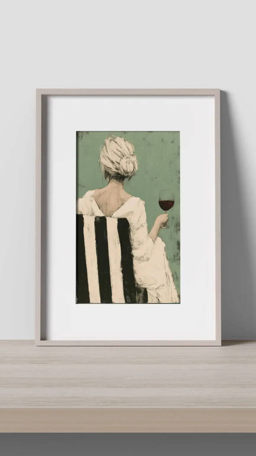 Lady with Wine fine art print featuring an elegant woman viewed from behind holding a glass of red wine against a soft sage green background.