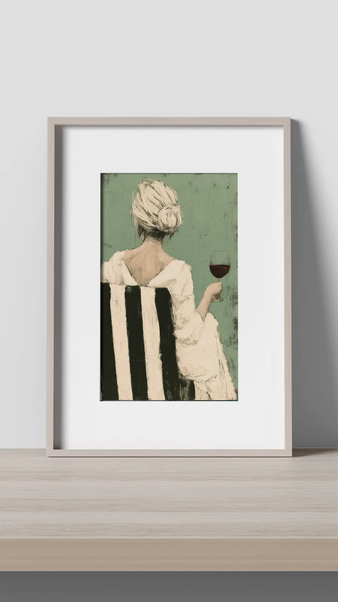 Lady with Wine fine art print featuring an elegant woman viewed from behind holding a glass of red wine against a soft sage green background.