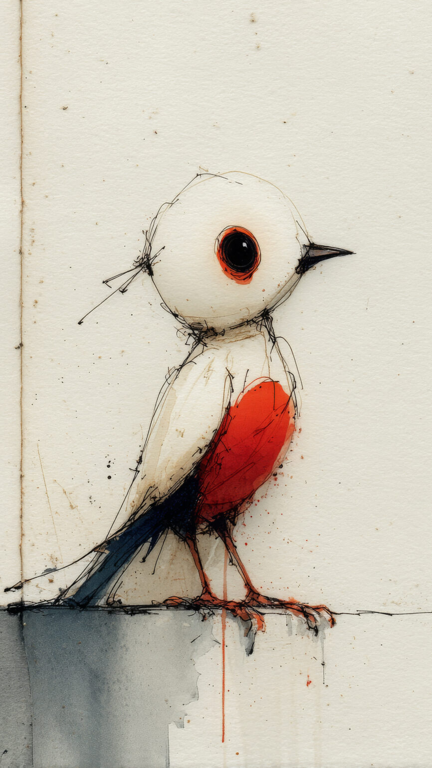 I'm No Longer Angry bird artwork by Chris Berry featuring a white bird with a vibrant red breast on a minimalist background.