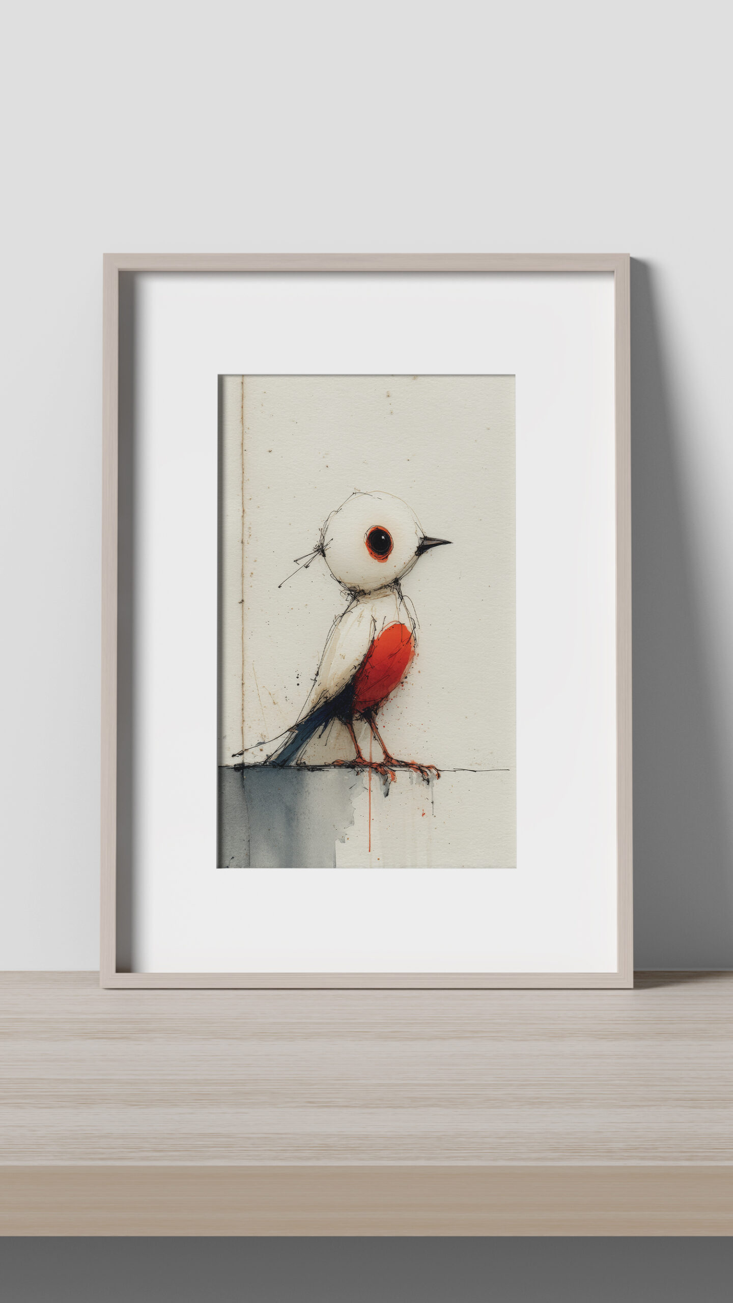 I'm No Longer Angry bird artwork by Chris Berry featuring a white bird with a vibrant red breast on a minimalist background.