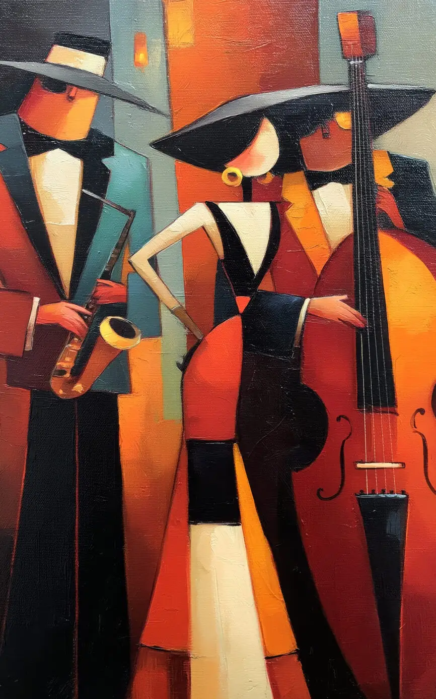 Jazz in the Evening contemporary jazz musicians cubist style fine art print by Chris Berry