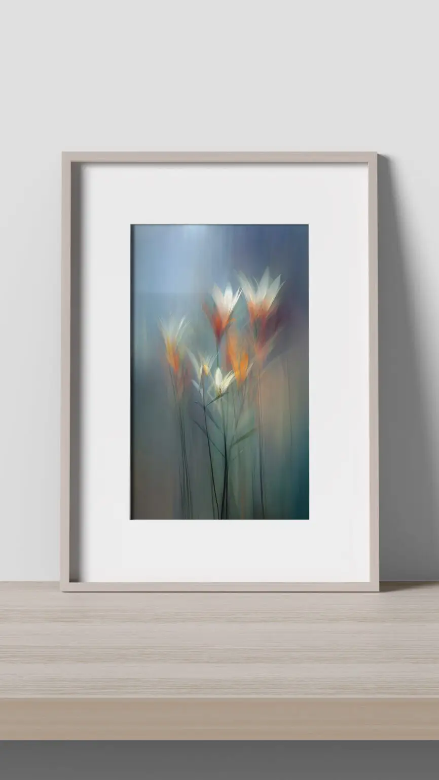 Brushed Flowers contemporary floral art print featuring soft white and amber flowers against a dreamy blue and green abstract background.