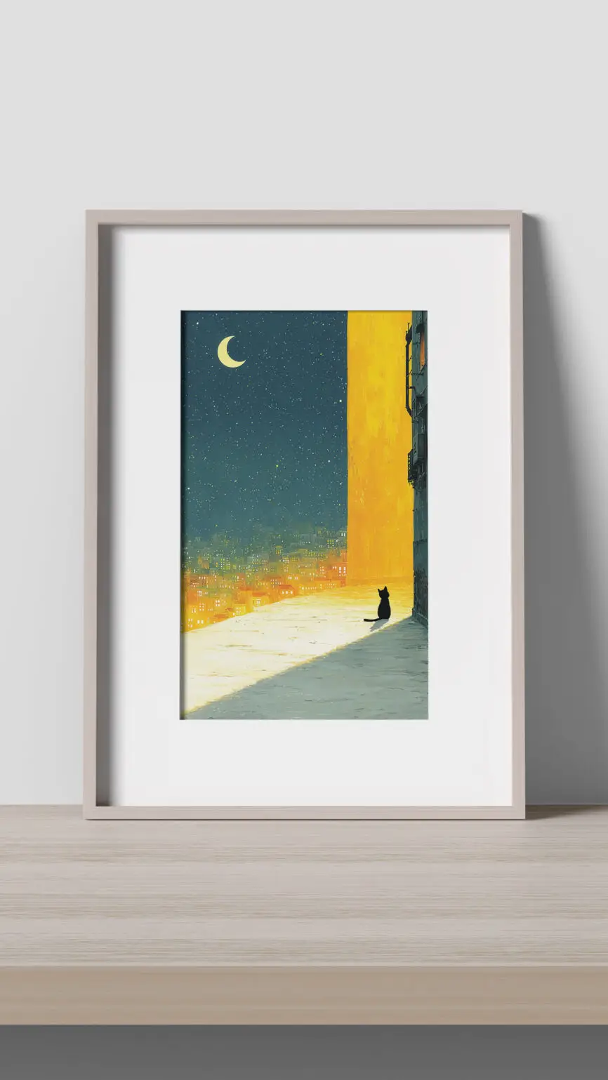 Moonlit City Cat fine art print showing a black cat overlooking a glowing city beneath a crescent moon and star-filled night sky