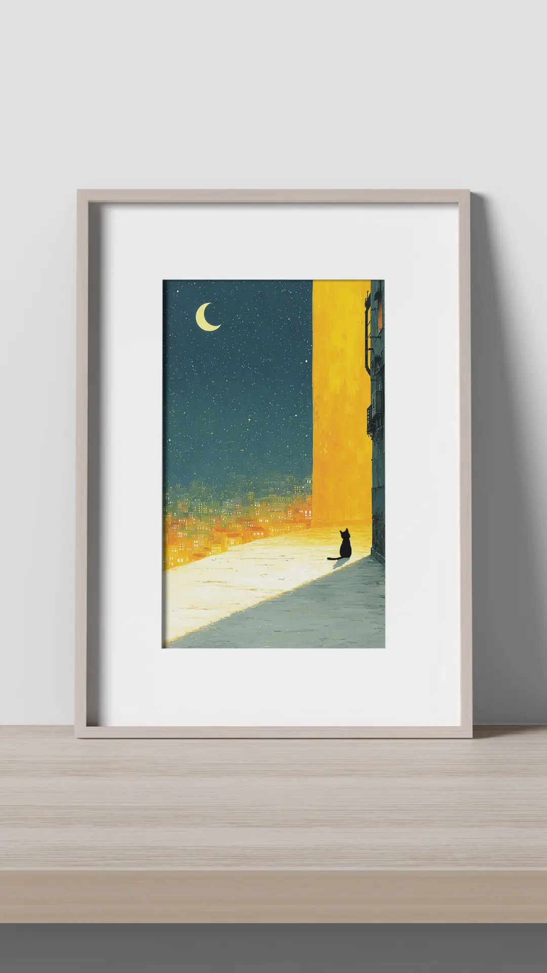 Moonlit City Cat fine art print showing a black cat overlooking a glowing city beneath a crescent moon and star-filled night sky