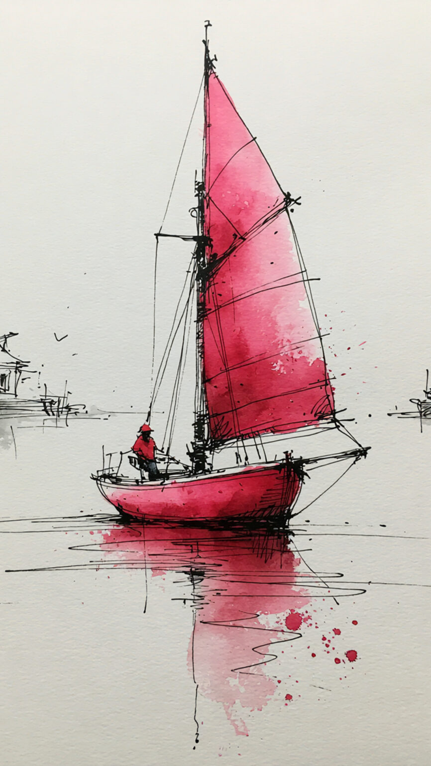 Crimson Sail by Chris Berry featuring a minimalist sailing boat with a vibrant red sail reflected on calm water.