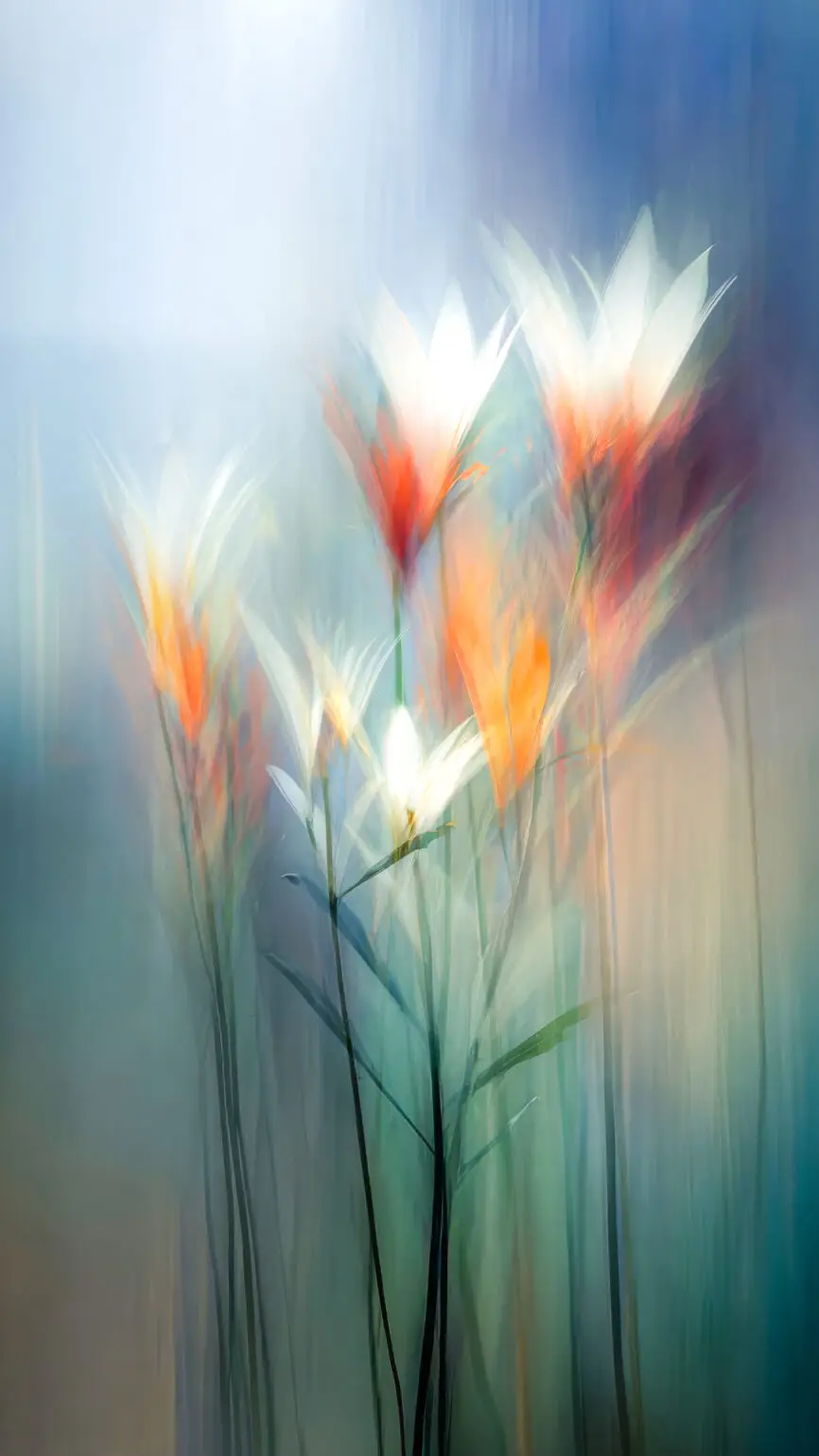 Brushed Flowers contemporary floral art print featuring soft white and amber flowers against a dreamy blue and green abstract background.