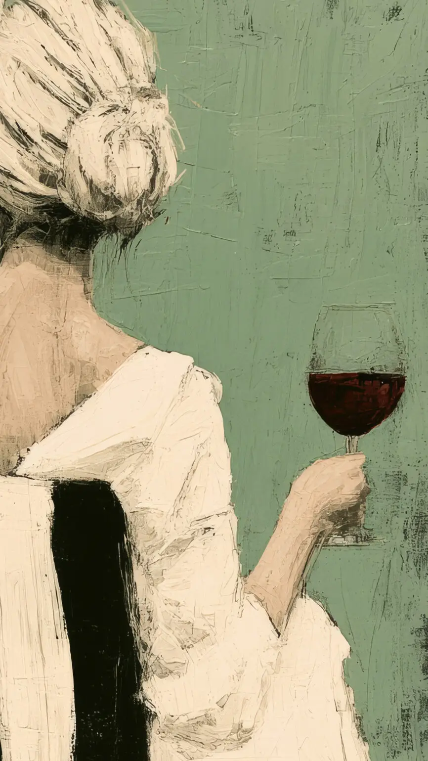 Lady with Wine fine art print featuring an elegant woman viewed from behind holding a glass of red wine against a soft sage green background.