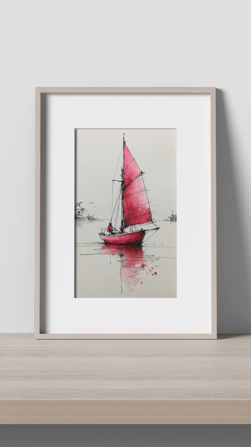 Crimson Sail by Chris Berry featuring a minimalist sailing boat with a vibrant red sail reflected on calm water.