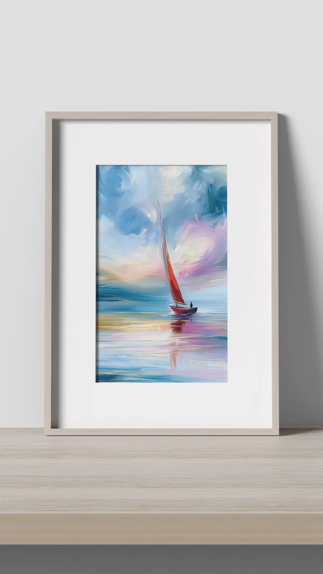Crimson Horizon contemporary fine art print featuring a solitary sailing boat with a red sail reflected on calm water beneath a colourful pastel sky