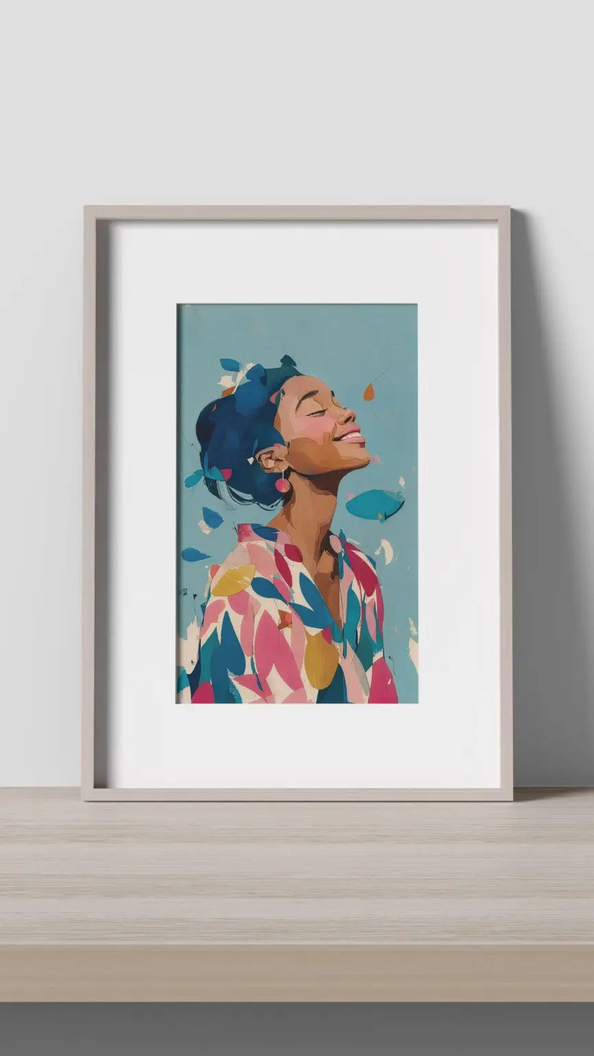Breathe contemporary portrait fine art print featuring a smiling woman surrounded by colourful abstract brushstrokes against a soft blue background