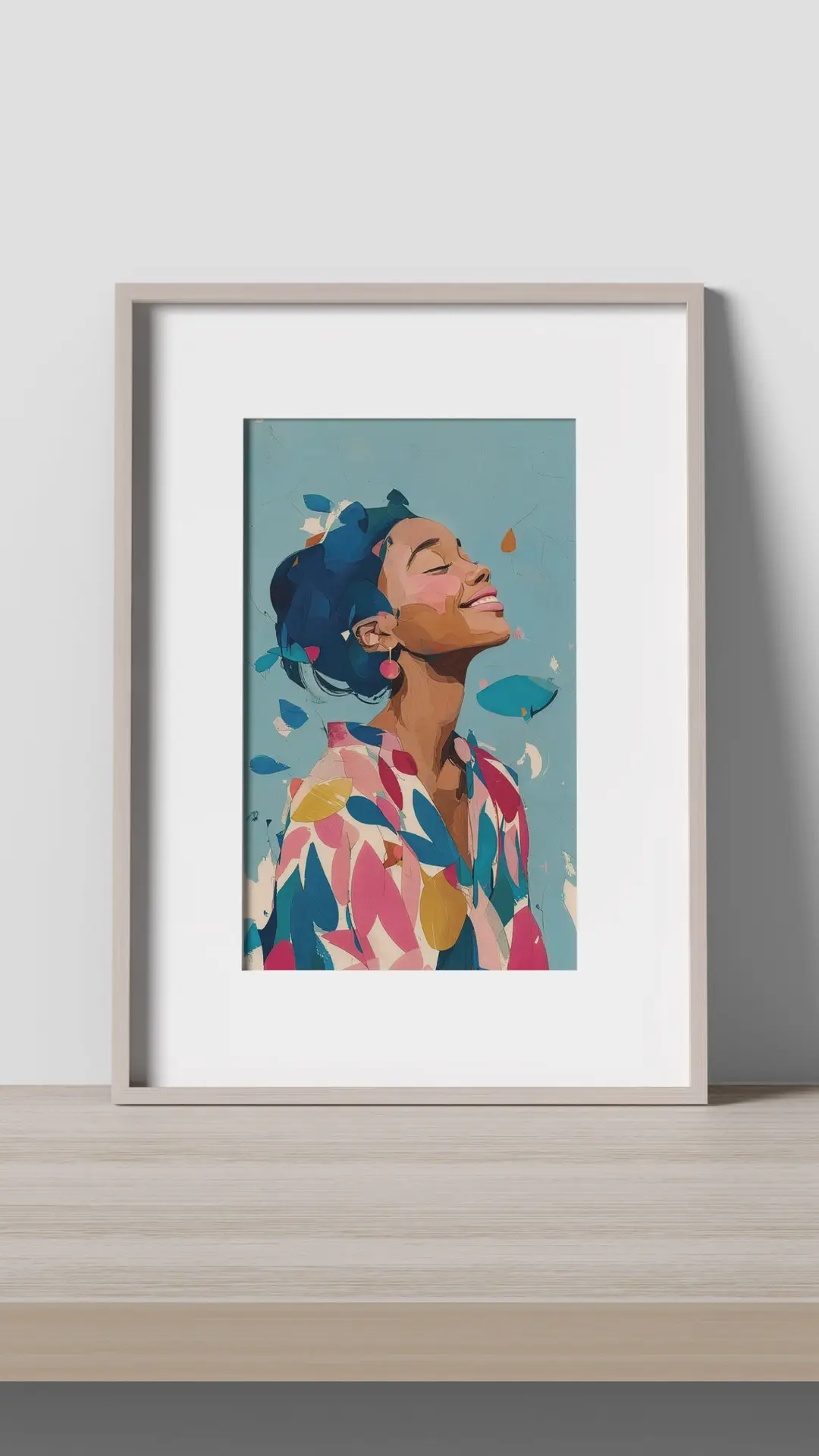 Breathe contemporary portrait fine art print featuring a smiling woman surrounded by colourful abstract brushstrokes against a soft blue background