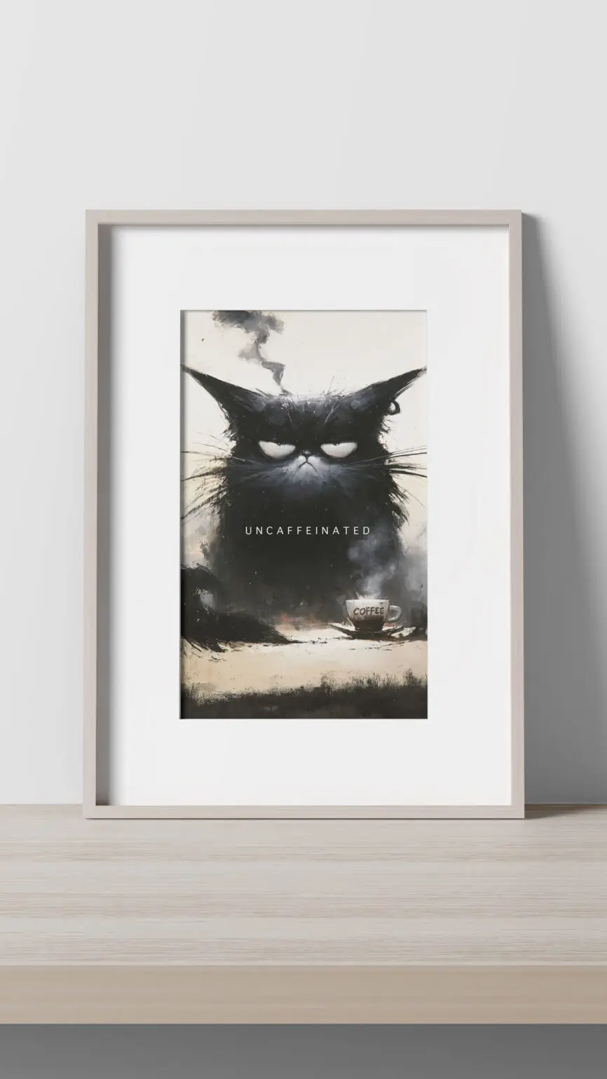 Funny black cat fine art print with a steaming coffee cup and the word "Uncaffeinated", perfect for coffee lovers, kitchens and cafés.