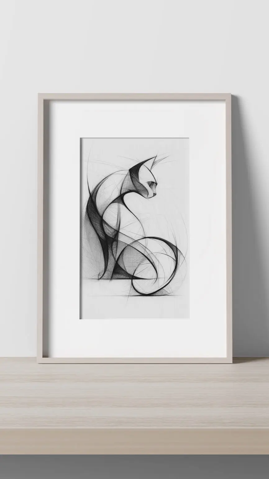 Minimalist monochrome cat artwork created with flowing geometric ink lines and abstract sculptural forms by Chris Berry.