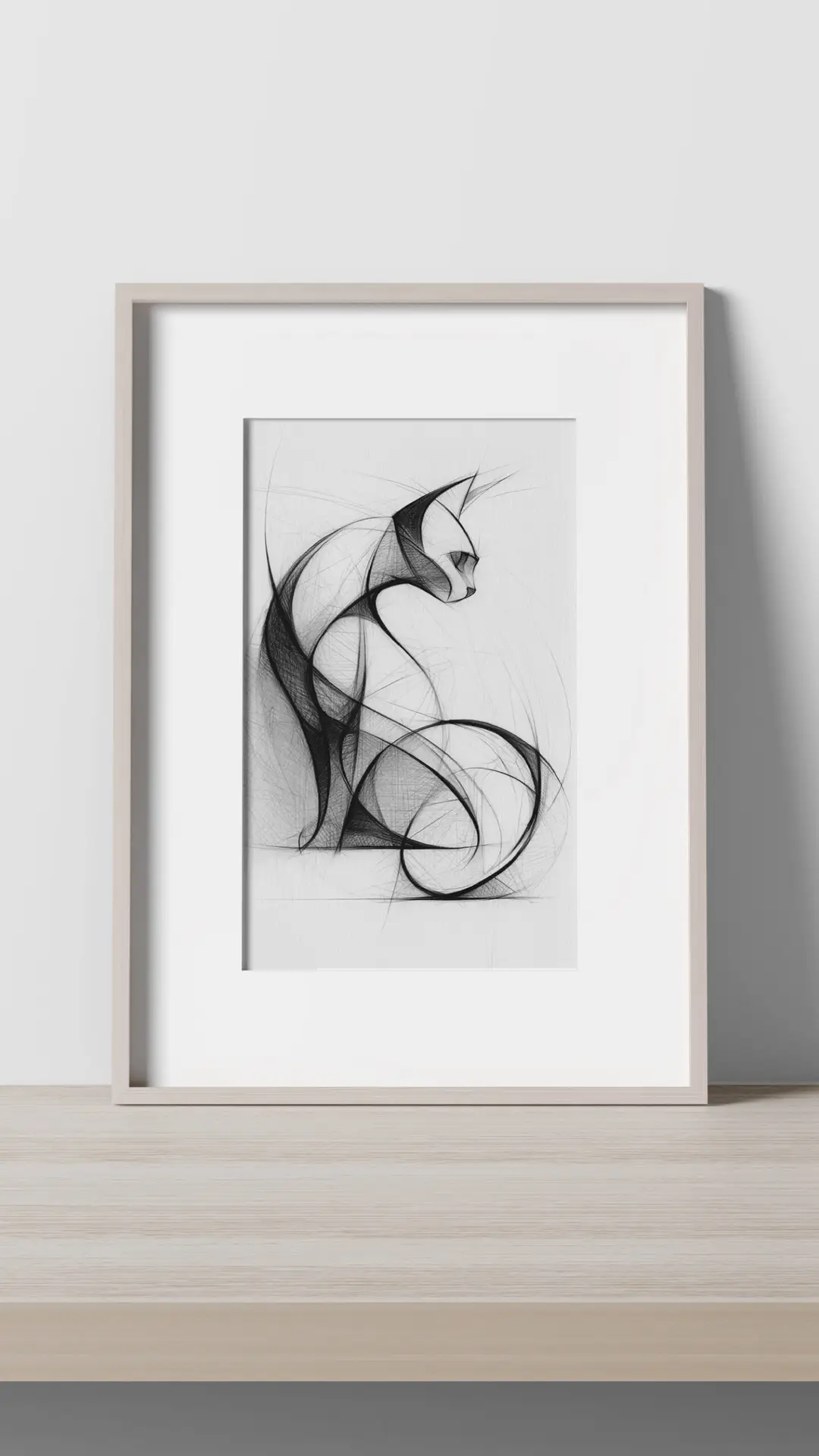 Minimalist monochrome cat artwork created with flowing geometric ink lines and abstract sculptural forms by Chris Berry.