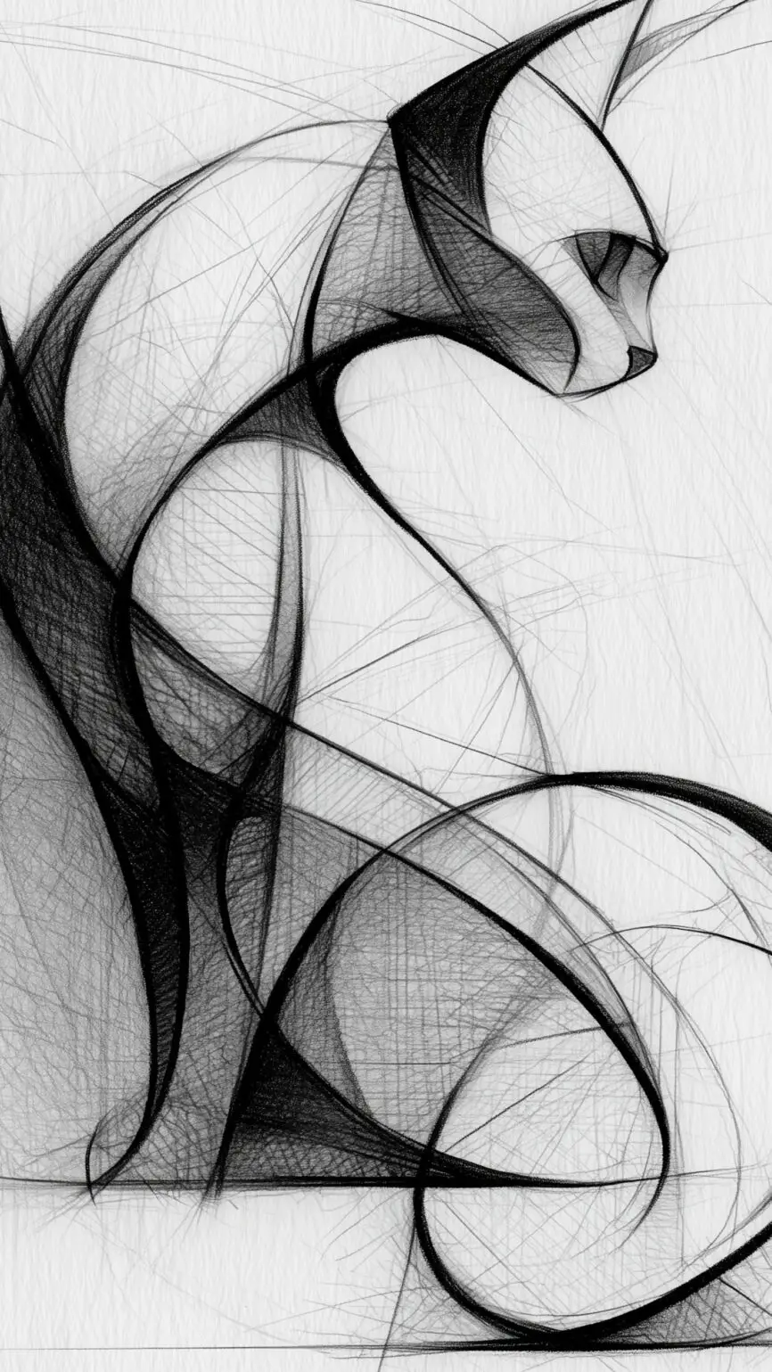 Minimalist monochrome cat artwork created with flowing geometric ink lines and abstract sculptural forms by Chris Berry.