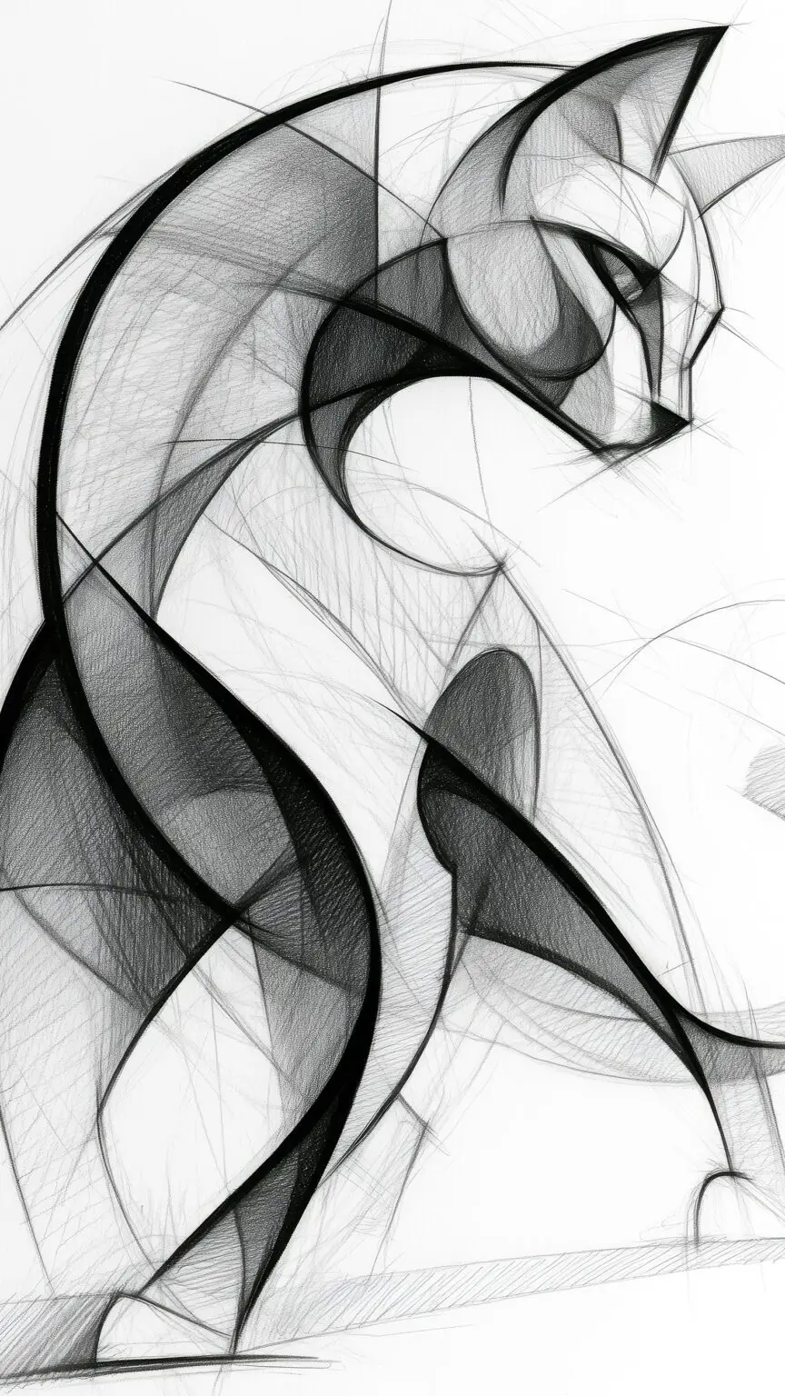 Abstract monochrome cat illustration created using flowing geometric lines and sculptural ink techniques by artist Chris Berry.