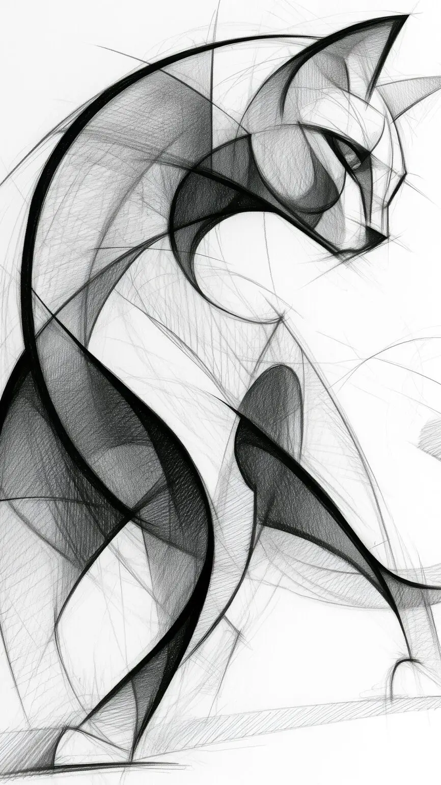 Abstract monochrome cat illustration created using flowing geometric lines and sculptural ink techniques by artist Chris Berry.