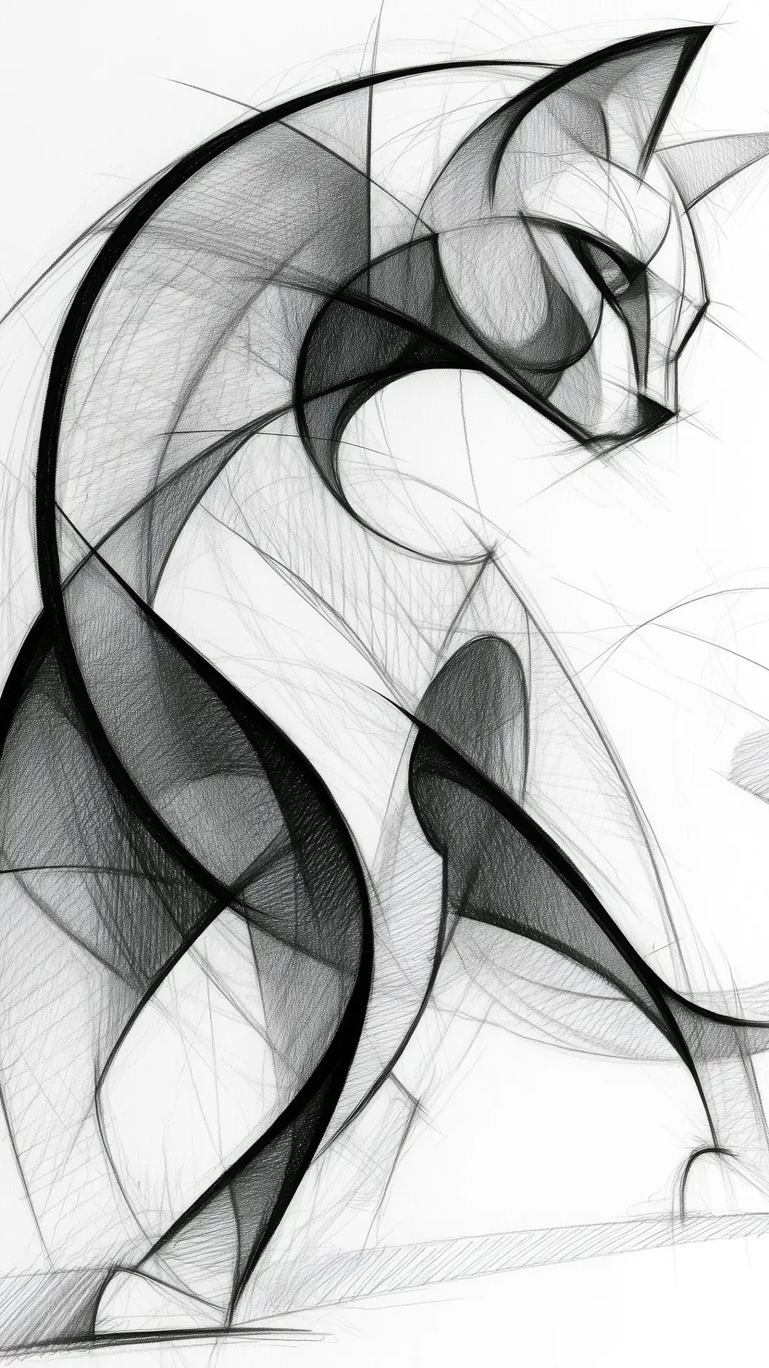 Abstract monochrome cat illustration created using flowing geometric lines and sculptural ink techniques by artist Chris Berry.