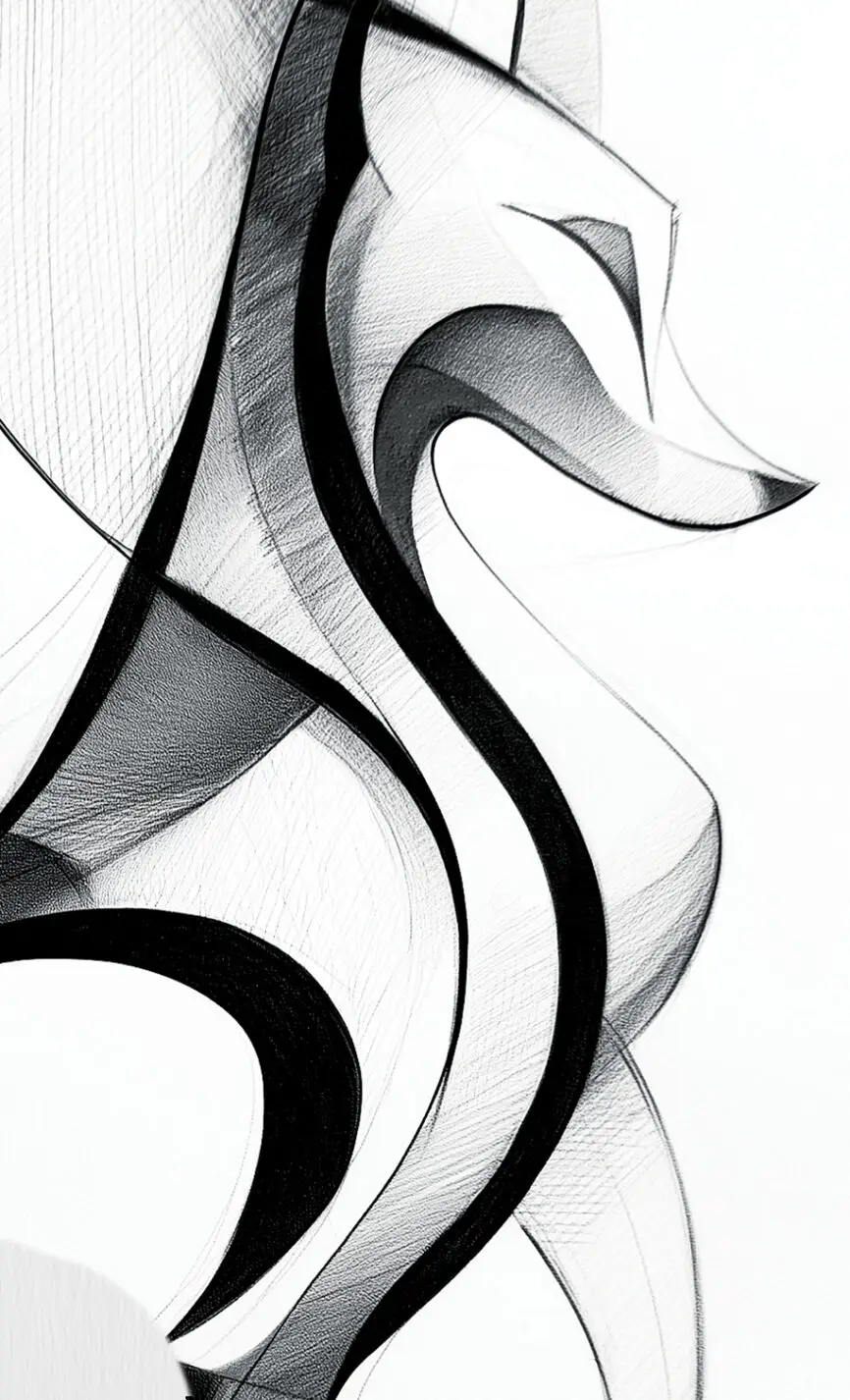 Abstract geometric cat artwork featuring flowing black ink curves and minimalist sculptural line work by Chris Berry.