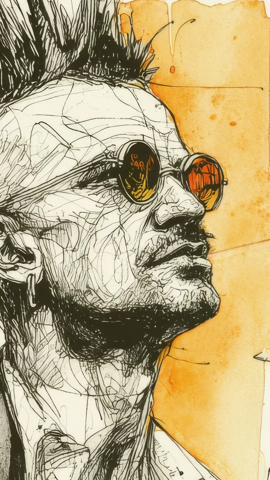 Contemporary ink portrait of a man with a black mohawk and amber sunglasses in an expressive sketch style by Chris Berry.