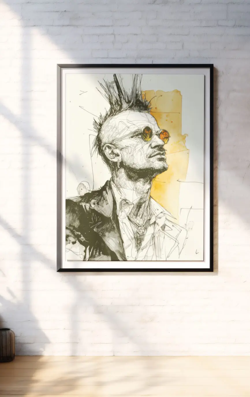 Contemporary ink portrait of a man with a black mohawk and amber sunglasses in an expressive sketch style by Chris Berry.