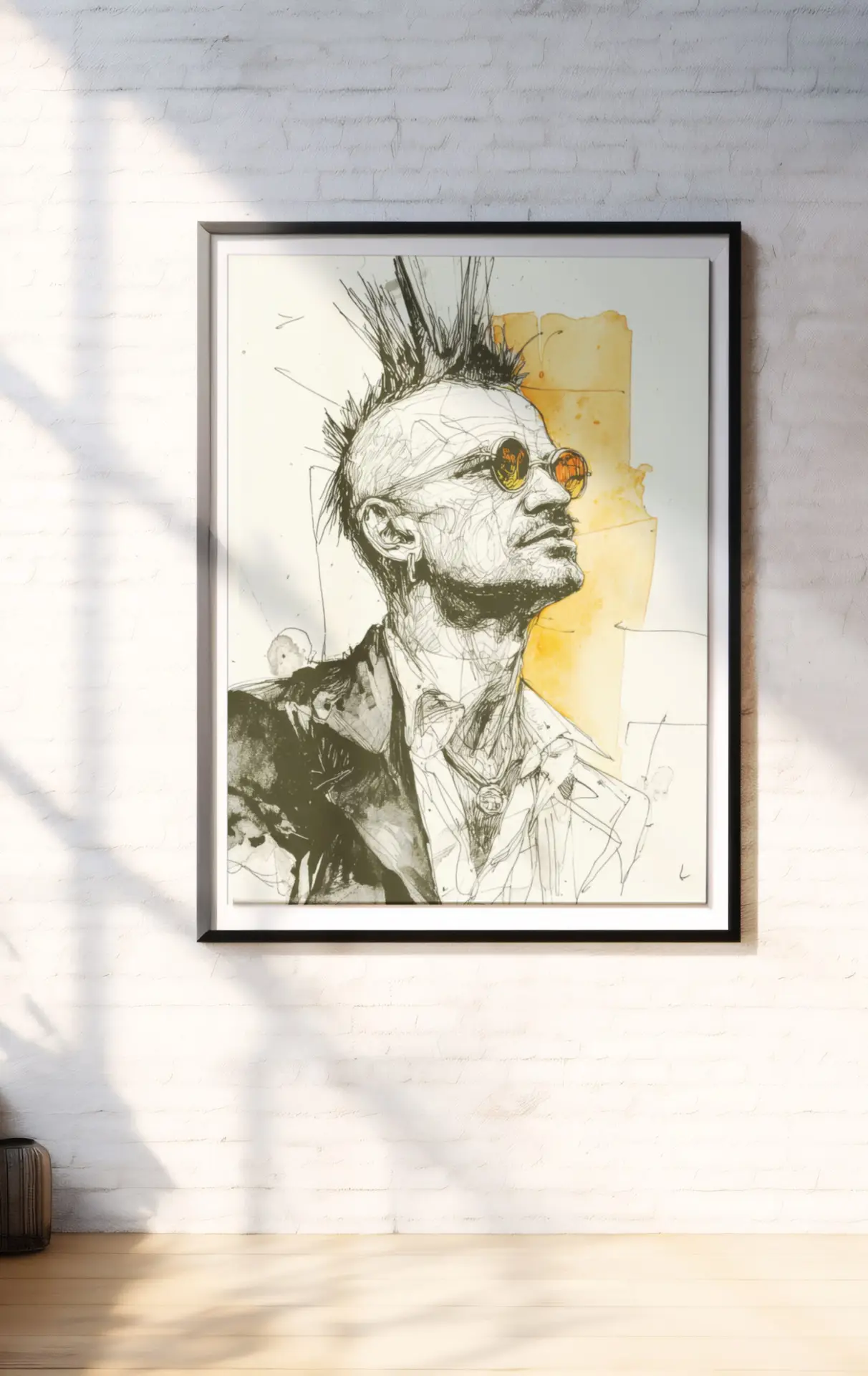 Contemporary ink portrait of a man with a black mohawk and amber sunglasses in an expressive sketch style by Chris Berry.
