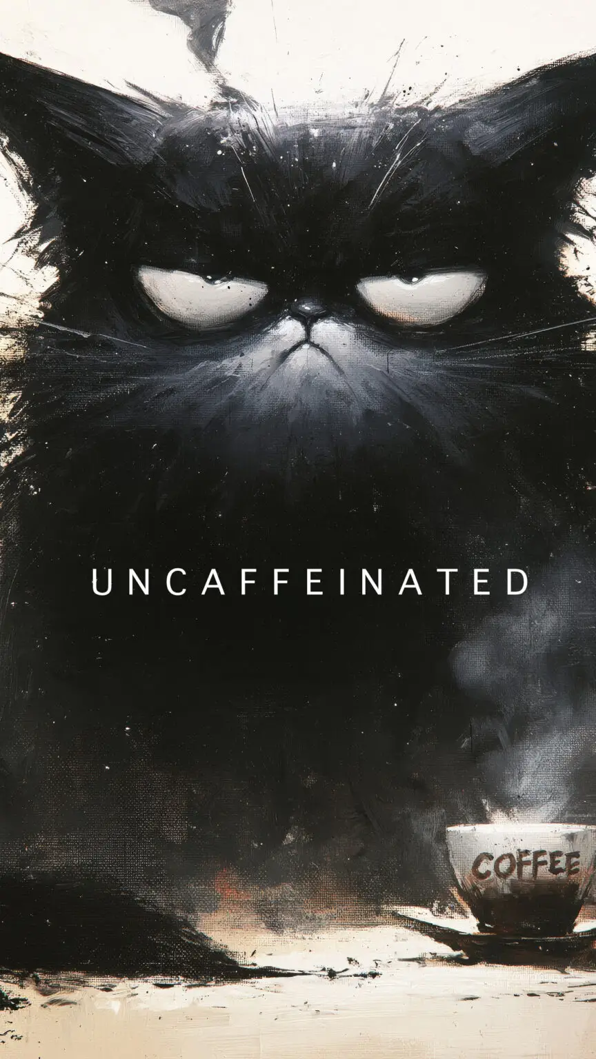 Funny black cat fine art print with a steaming coffee cup and the word "Uncaffeinated", perfect for coffee lovers, kitchens and cafés.