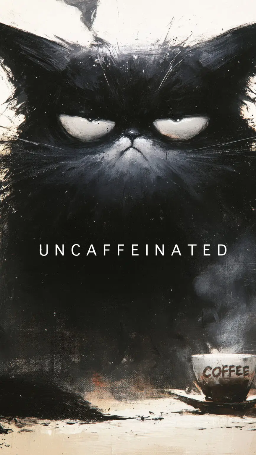 Funny black cat fine art print with a steaming coffee cup and the word "Uncaffeinated", perfect for coffee lovers, kitchens and cafés.